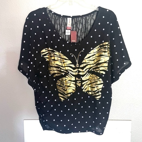 NO BOUNDARIES polkadot gold butterfly blouse-L - Picture 1 of 7